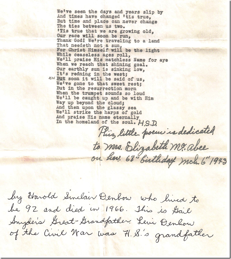 Poem dedicated to Mrs. Elizabeth McAbee (by Harold S. Denbow, 1943)